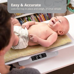 Greater Goods baby scale backlit display for easy readings in any room.