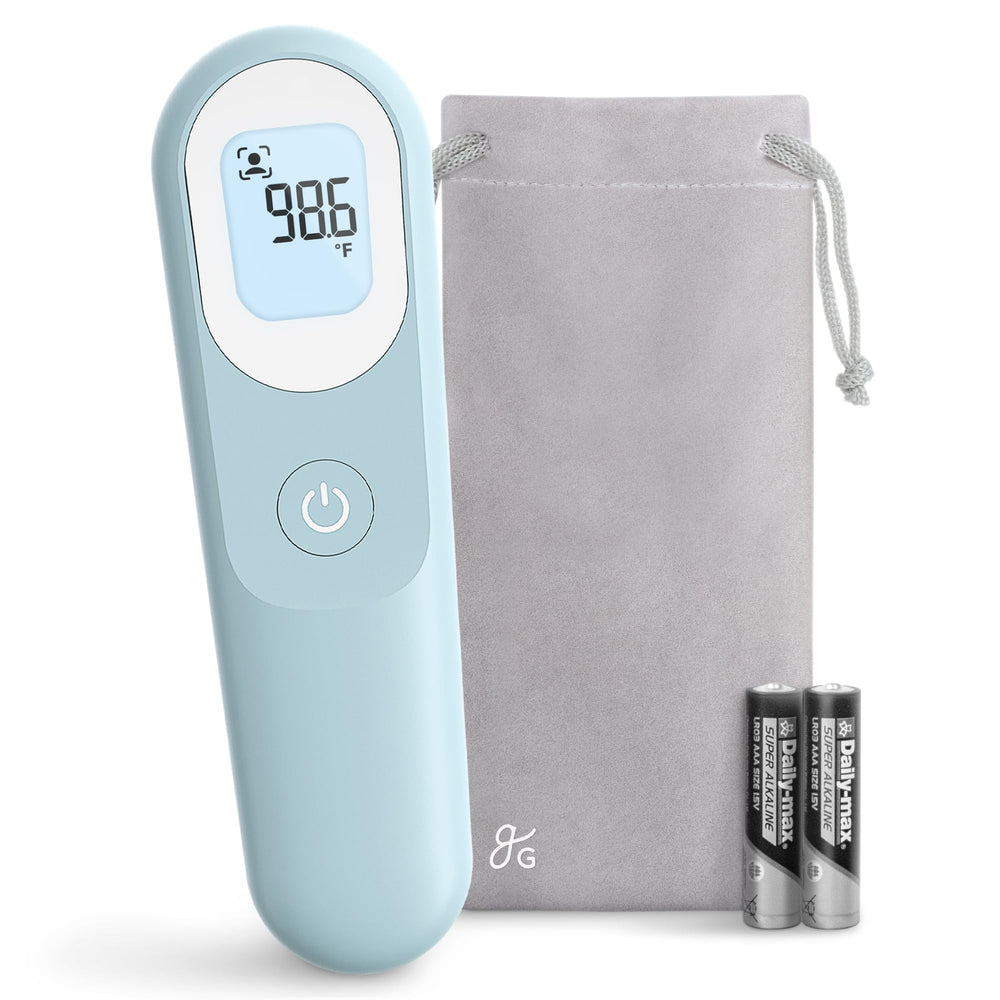 Greater Goods no-touch thermometer shows forehead reading for quick, non-contact temps