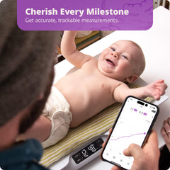 Greater Goods scale shows baby on tray for quick, simple weighing.