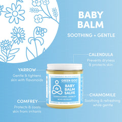 Green Goo Baby Balm ingredients layout featuring calendula and chamomile for soothing skin care.