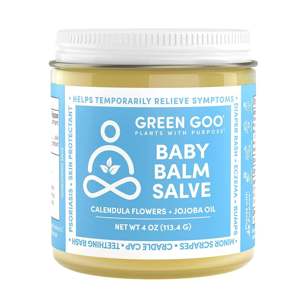 Green Goo Baby Balm jar close-up; gentle, plant-based moisturizer for delicate baby skin.