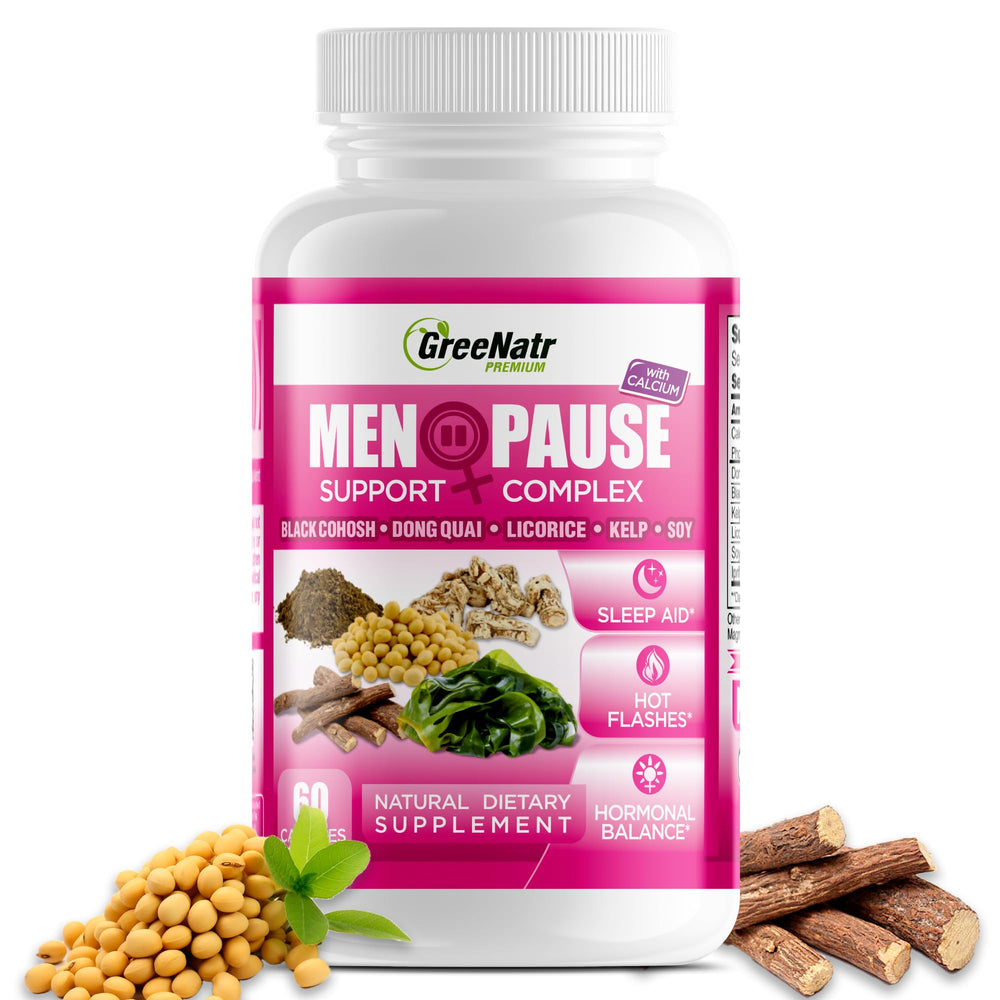 GreeNatr menopause supplements bottle highlights natural multi-symptom relief.