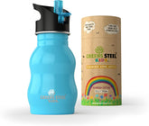 Greens Steel kids water bottle blue with ergonomic grip for easy handling.