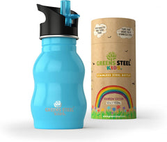 Greens Steel kids water bottle blue with ergonomic grip for easy handling.