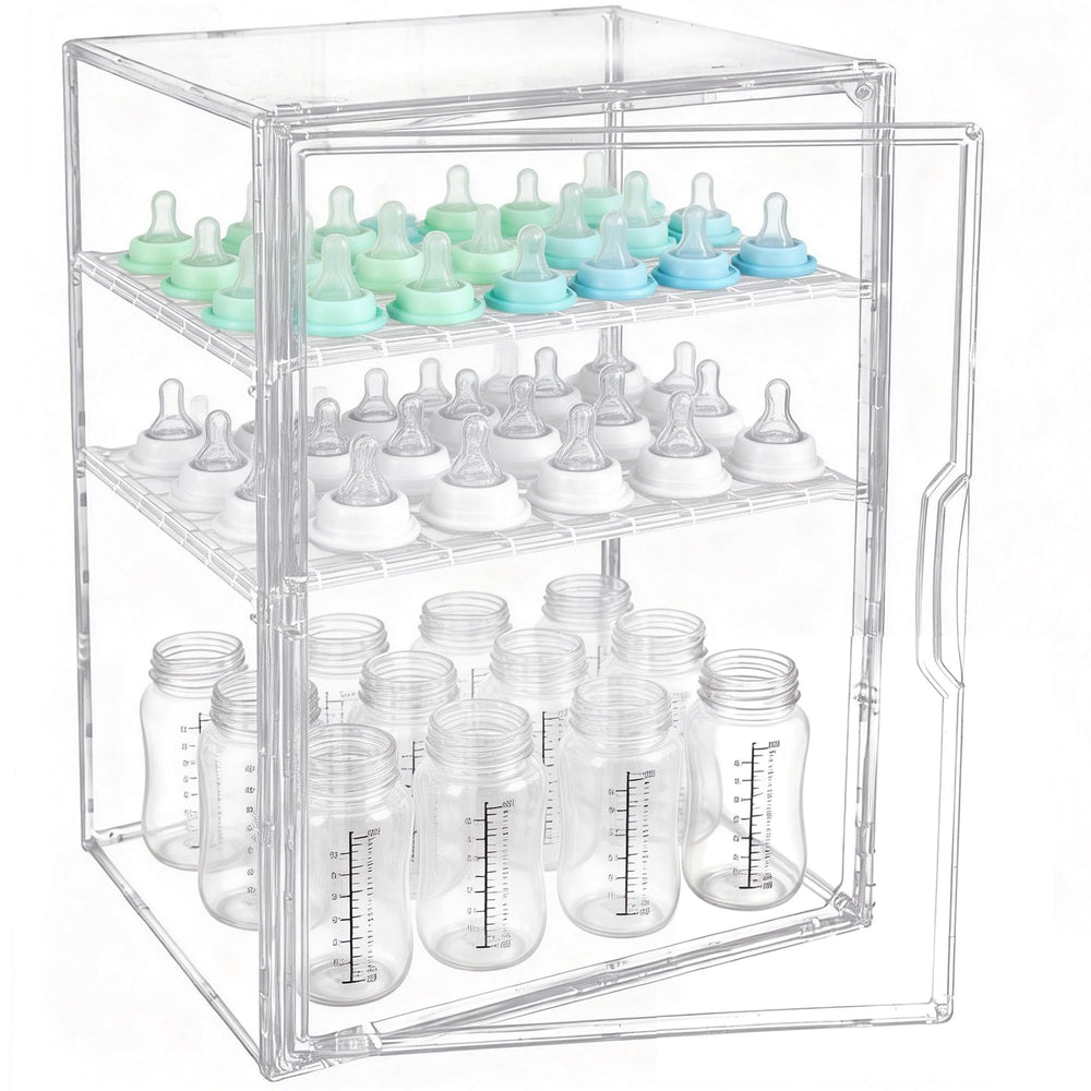 GRETJOB baby bottle organizer on a counter with 3-tier view for quick feeding prep.