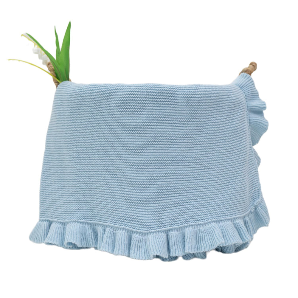 Grewear cotton baby blanket with ruffle edge in blue for cozy newborn comfort.