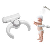 GrnPeak baby shower stand demonstrates no-drill setup with strong suction cups for hands-free bathing.