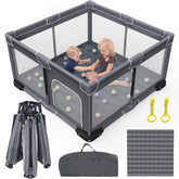 Grobeybees foldable playpen grey front view showing compact travel-ready design.