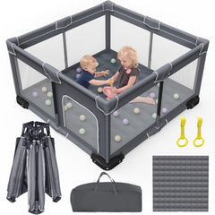 Grobeybees foldable playpen grey front view showing compact travel-ready design.