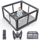 Grobeybees foldable playpen setup showing quick one-minute assembly for baby playtime
