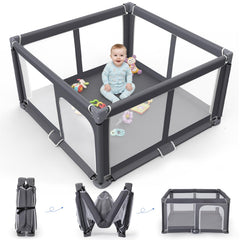 Grobeybees foldable playpen setup showing quick one-minute assembly for baby playtime
