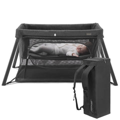 Gromast foldable 2-in-1 travel crib folded for portability.
