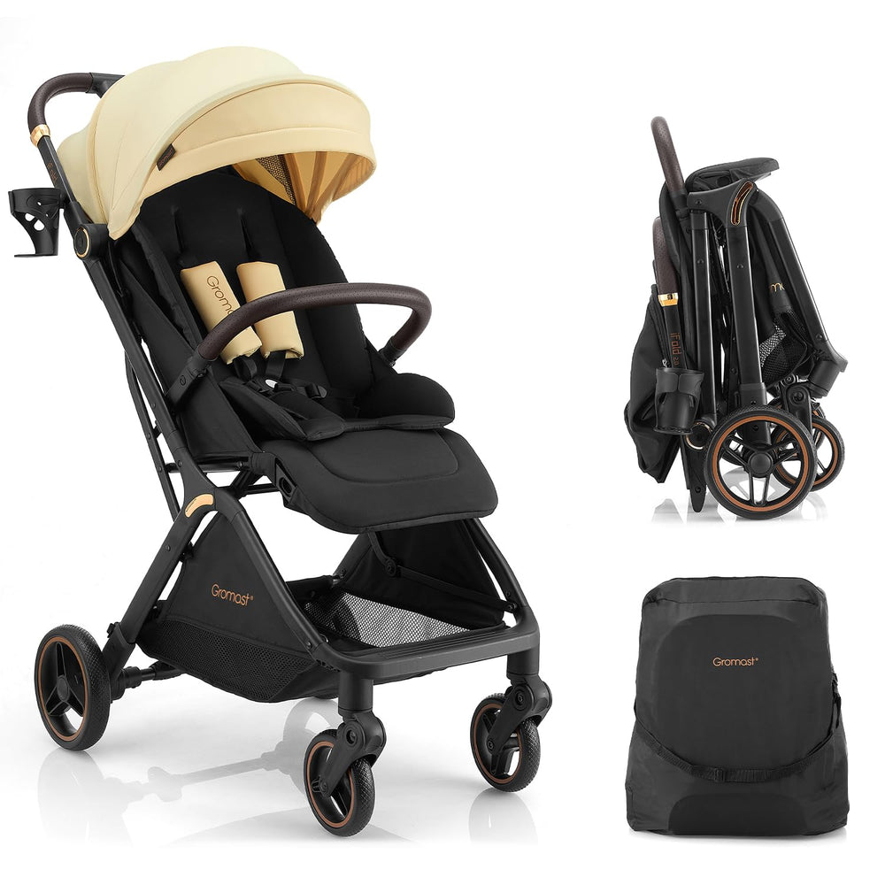 Gromast Gravity Folding Stroller front view in beige, ideal for everyday travel