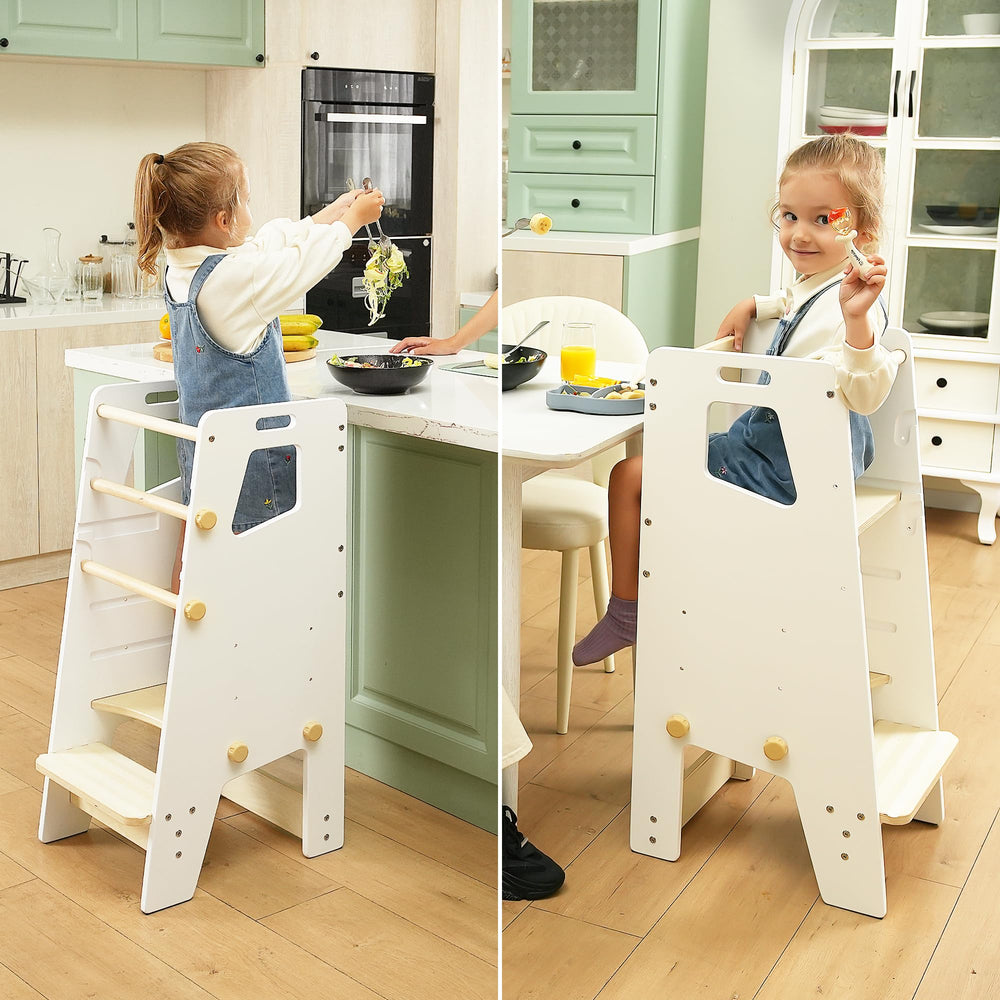 GroowingMind toddler tower seat attached for snack time and learning.