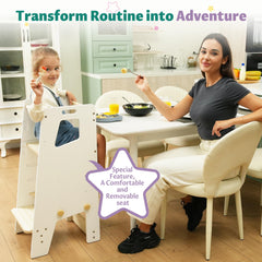 GroowingMind toddler tower steps show adjustable height for growing children.