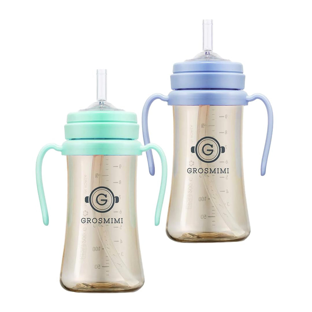 GROSMIMI spill-proof sippy cup with straw and handle in Aqua Green and Sky Blue for mess-free feeding