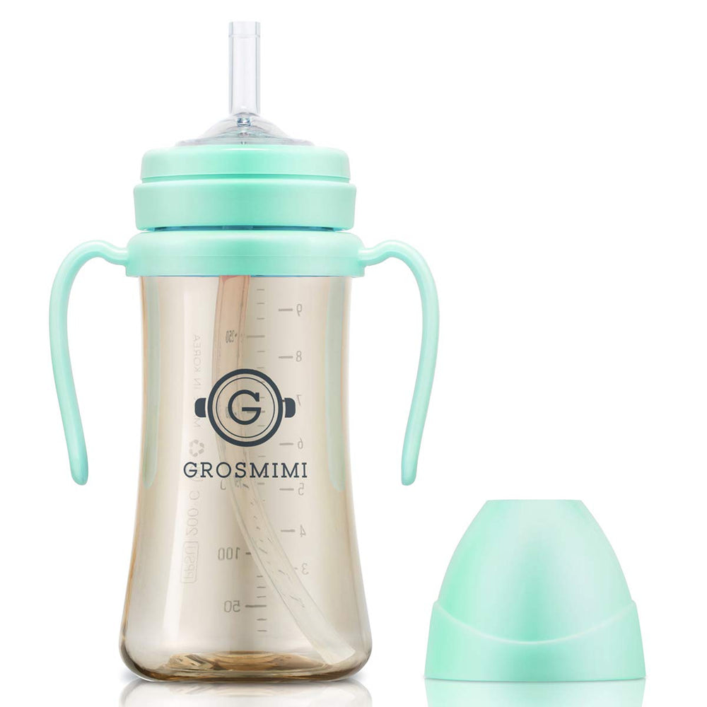 GROSMIMI spill-free sippy cup with straw and handle in aqua green for toddlers