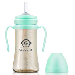 GROSMIMI spill-free sippy cup with straw and handle in aqua green for toddlers