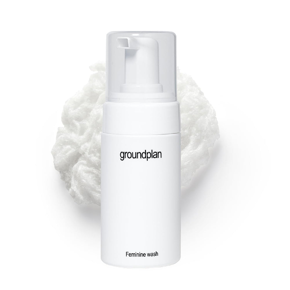 Groundplan Feminine Wash bottle shows fragrance-free formula for sensitive skin.