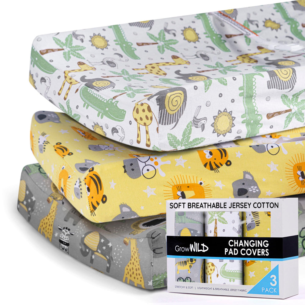 Grow Wild changing pad cover in animals safari pattern fits standard pads for easy nursery styling.