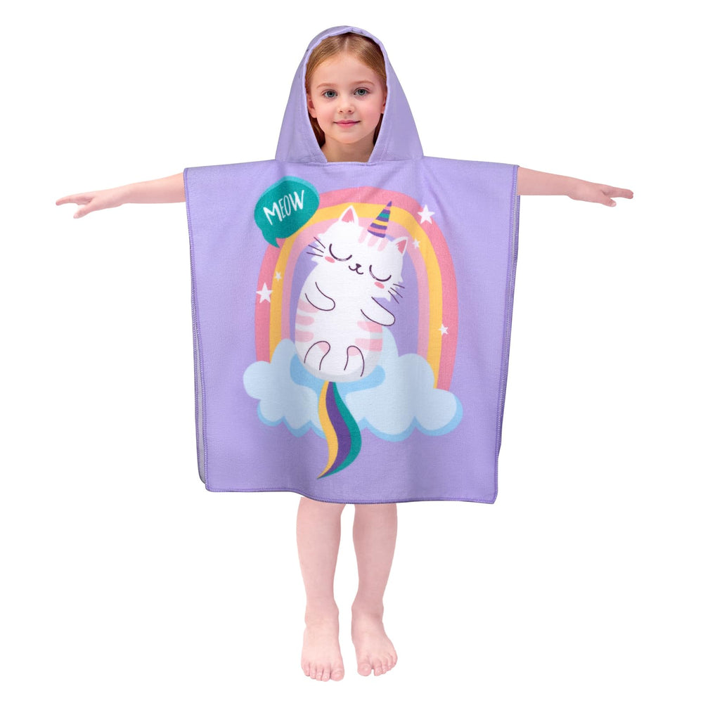 Growell cat-purple hooded towel front view for toddlers, cozy and quick-drying after bath
