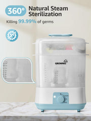 GROWNSY bottle sterilizer with eight-bottle capacity keeps feeding gear clean.