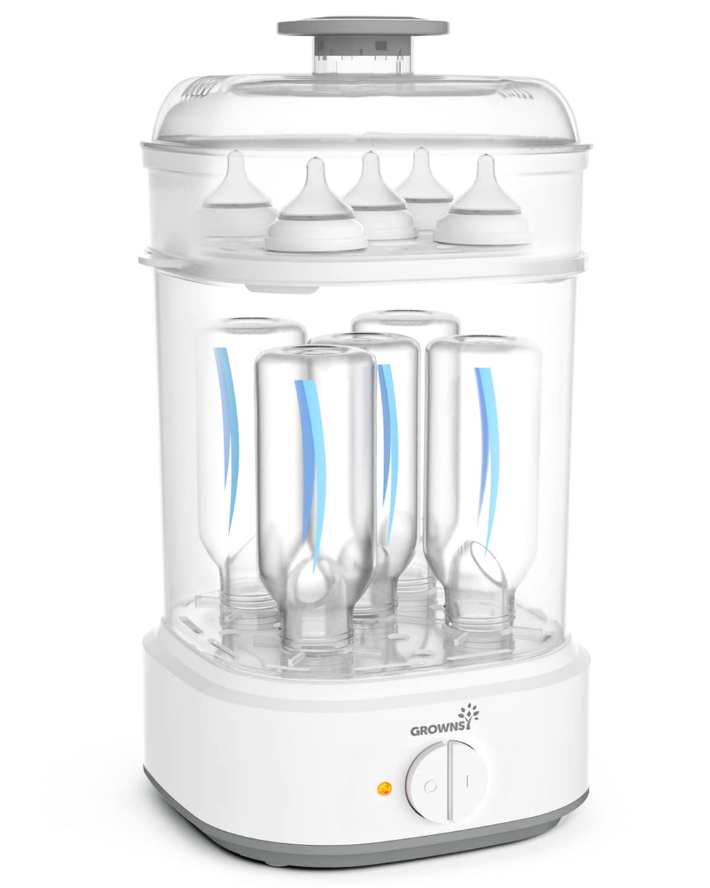 Grownsy bottle sterilizer front view shows compact size for busy kitchens.
