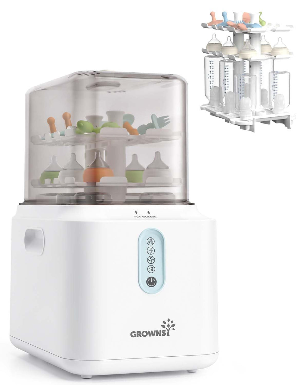 Grownsy three-layer bottle sterilizer with a spacious rack for large batches.