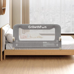 GrowthFun foldable bed rail with 47-inch carbon steel frame for toddler safety.