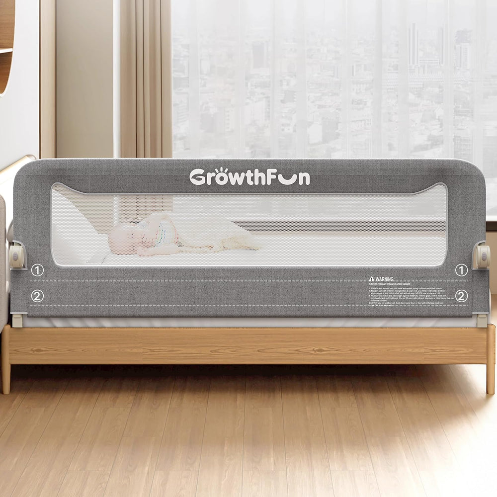 GrowthFun foldable bed rail assembly shows sturdy setup for safe bedtime routines.