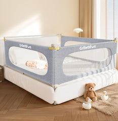 GrowthFun queen bed rail swing-down guard for easy access and secure sleep.