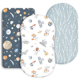 GRSSDER Space Print bassinet sheet stretched for a snug, secure fit.