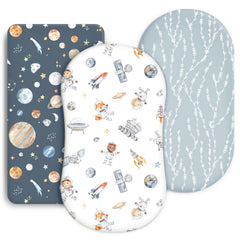 GRSSDER Space Print bassinet sheet stretched for a snug, secure fit.
