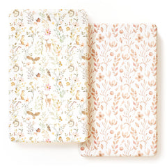 GRSSDER Stretch crib sheet in blush floral design offers soft, breathable comfort for naptime.