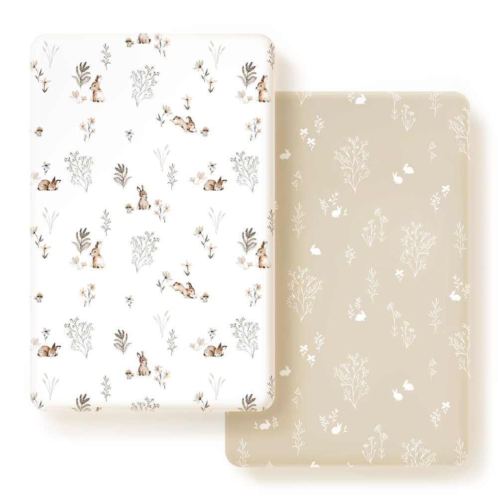 GRSSDER Stretch Jersey Knit mini sheet with watercolor rabbit pattern for a soft, secure fit.