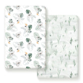 GRSSDER mini crib sheets in mint with watercolor animals for breathable comfort.