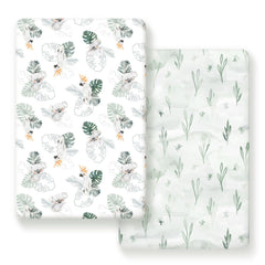 GRSSDER mini crib sheets in mint with watercolor animals for breathable comfort.