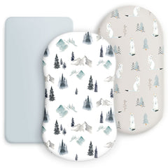 GRSSDER stretchy fitted bassinet sheet set offers universal fit for oval, round, and rectangular bassinets, snug sleep.