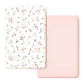 GRSSDER stretchy jersey-knit pack n play sheets in rose pink print for cozy, secure sleep