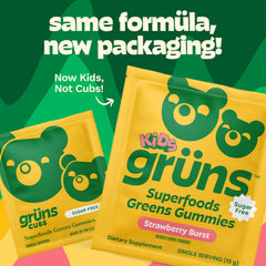 Grüns 60-ingredient blend graphic highlights comprehensive greens nutrition approach.