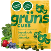 Grüns Gruns Kids Gummies bottle shows a 60-ingredient formula for daily nutrition