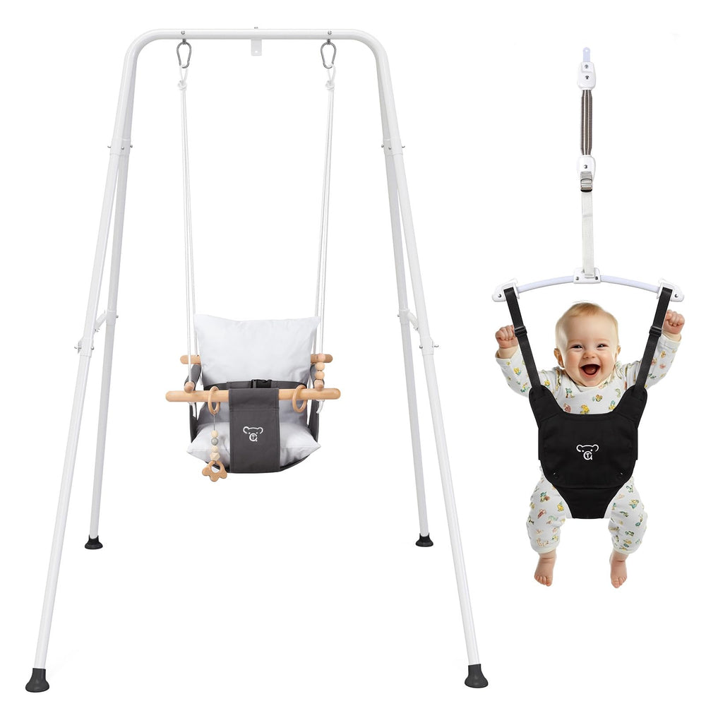 G TALECO GEAR 2-in-1 baby jumper and swing in a compact setup for versatile playtime indoors