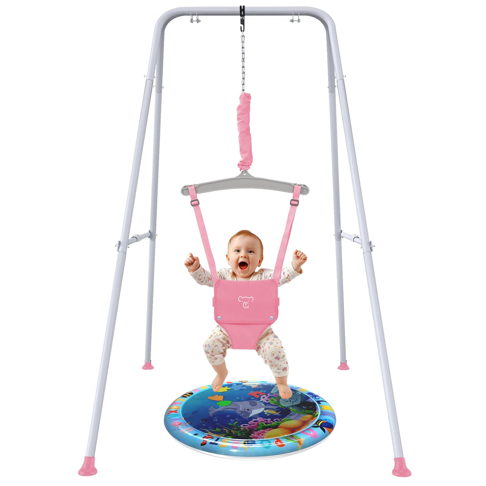 G TALECO Gear baby jumper with stand pink front view for upright support.