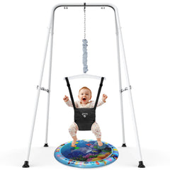 G TALECO GEAR baby jumper with stand shows a sturdy frame for safe upright play.