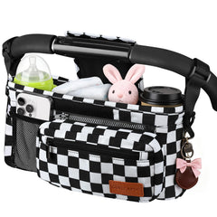 Guiseapue universal stroller organizer with cup holder mounted on a stroller for easy access to drinks.