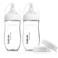 Gulicola natural glass baby bottle front view, BPA-free and ideal for breastfed infants.