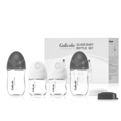 Gulicola 3oz bottle with extra slow flow nipple showing latch-friendly design and glass clarity