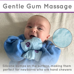 Gummee Glove Blue baby chewing with mittens supports soothing gums