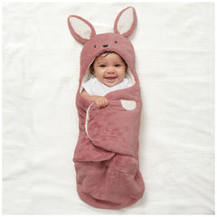 GUND Oh So Snuggly Bunny Blanket Wrap hooded view highlights secure head coverage for newborns.