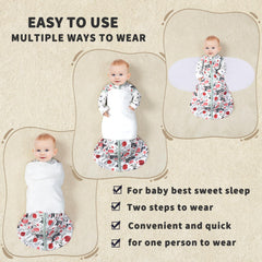 GUNTAIL three-way swaddling allows arm-in, single arm-out, or double arm-out transitions